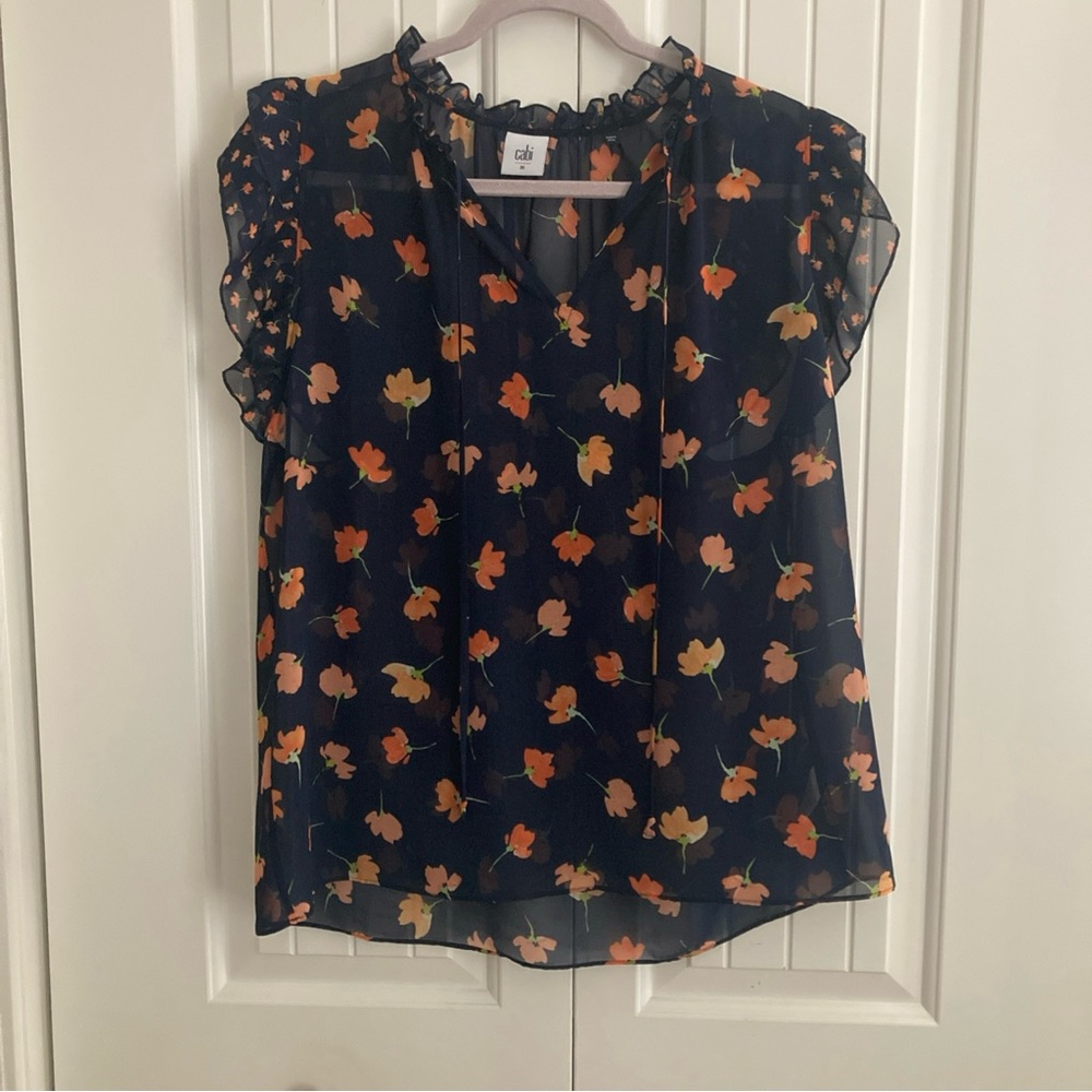 Cabbi California Poppy Navy Floral Top M Blue Sheer Flutter Sleeve